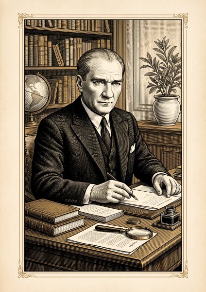 Çalışma Masasında Atatürk Posteri – Gravür / botanik Duvar Tablosu