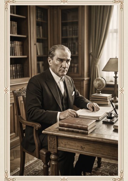Çalışma Masasında Atatürk Posteri – Siyah-beyaz arşiv Duvar Tablosu duvarda gerçek ölçek