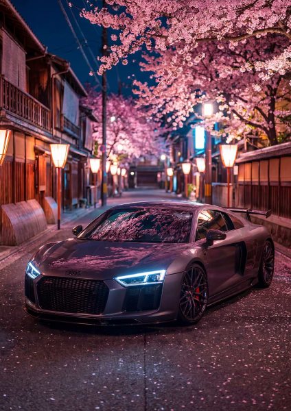 Car Audi R8 Night Cherry Blossom Araba Posteri – Duvar Tablosu