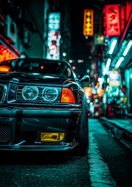 Car in Neon Cityscape Araba Posteri – Duvar Tablosu duvarda gerçek ölçek