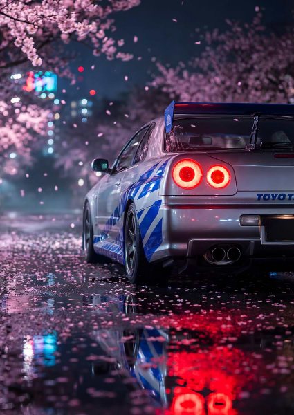 Car Nissan GTR R34 Night Cherry Blossoms Araba Posteri – Duvar Tablosu