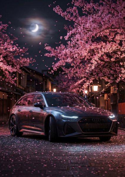 Car RS6 Cherry Blossoms Night Moon Araba Posteri – Duvar Tablosu duvarda gerçek ölçek