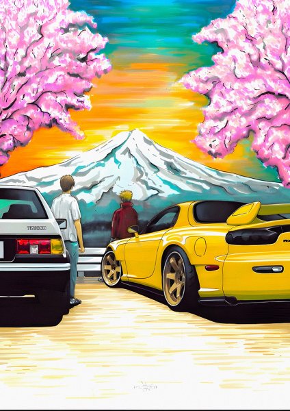 Cars and Mount Fuji with Cherry Blossoms Araba Posteri – Duvar Tablosu duvarda gerçek ölçek