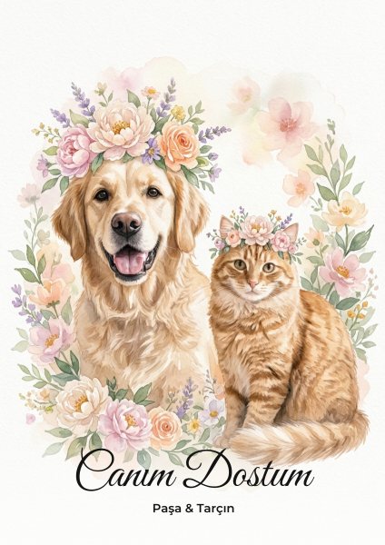Çiçek Taçlı Suluboya Kedi & Köpek Portresi