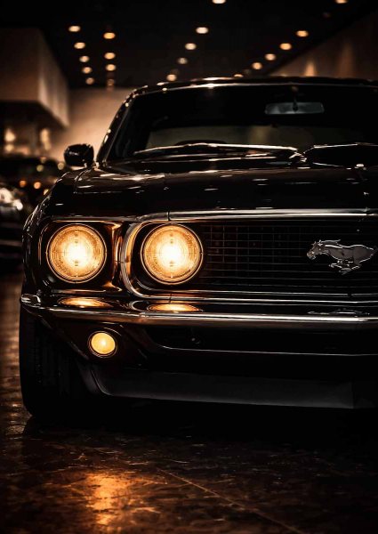 Classic Black Mustang Car Close-Up Araba Posteri – Duvar Tablosu duvarda gerçek ölçek