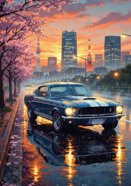Classic Car in Rainy Tokyo Araba Posteri – Duvar Tablosu