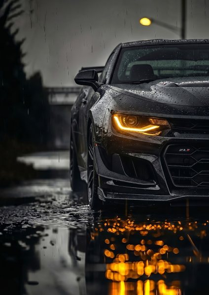 close up Black Camaro ZL1 in the Rain Araba Posteri – Duvar Tablosu poster görseli