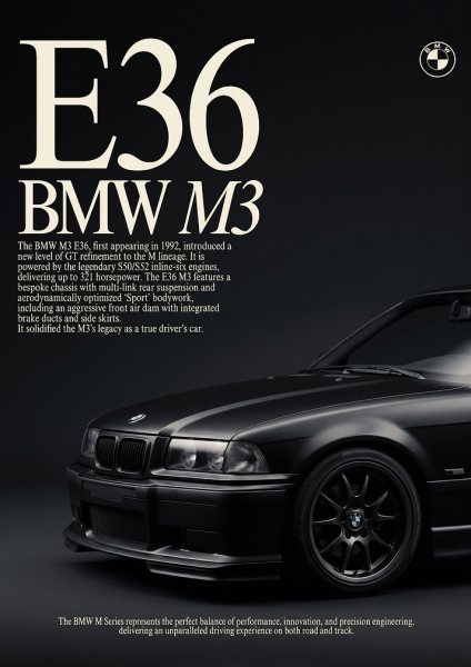 close up sleek black BMW E36 M3 car Pcoster Araba Posteri – Duvar Tablosu
