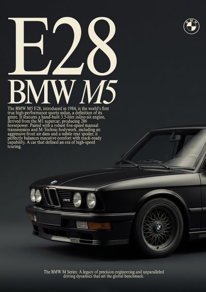 close up sleek black BMW M5 E28 Vintage Araba Posteri – Duvar Tablosu