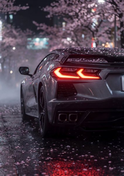 Corvette C8 in Cherry Blossom Rain Araba Posteri – Duvar Tablosu