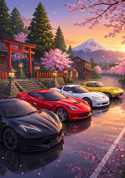 Corvette Car at Mount Fuji Shrine Araba Posteri – Duvar Tablosu duvarda gerçek ölçek