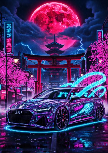 Cyberpunk Audi RS6 in Neon Tokyo Araba Posteri – Duvar Tablosu duvarda gerçek ölçek
