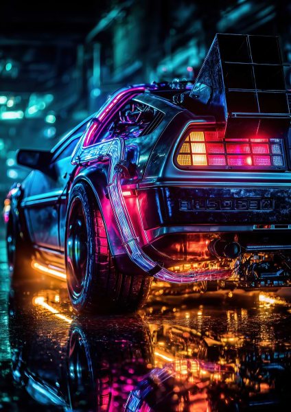 Cyberpunk DeLorean Time Machine Araba Posteri – Duvar Tablosu