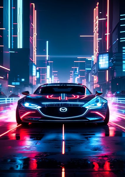 Cyberpunk Mazda in Neon Cityscape Araba Posteri – Duvar Tablosu poster görseli