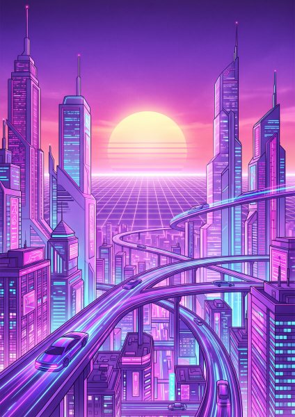 Cyberpunk Şehirde Batan Güneş Posteri – Synthwave Duvar Tablosu