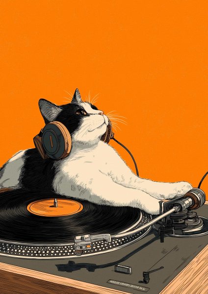 DJ Cat with Headphones on Turntable Müzik Posteri – Duvar Tablosu duvarda gerçek ölçek