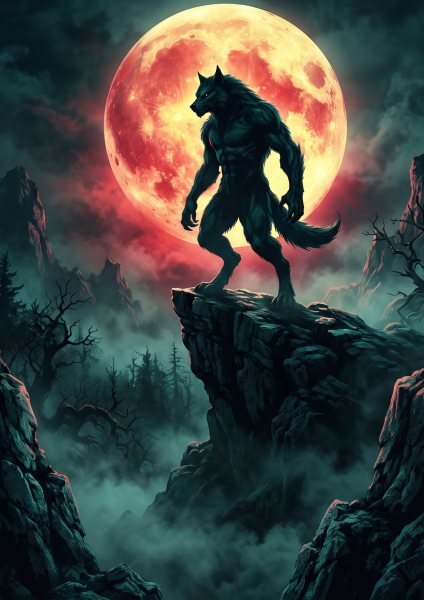 Dolunay Kanlı Kurt Gotik Posteri – Sinematik Duvar Tablosu duvarda gerçek ölçek