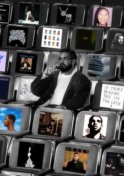 Drake Surrounded by His Album Covers Müzik Posteri – Duvar Tablosu duvarda gerçek ölçek