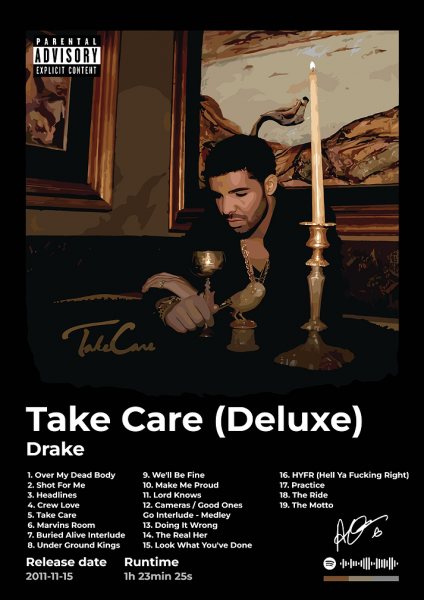 Drake - Take Care (Deluxe) Album Cover Müzik Posteri – Duvar Tablosu duvarda gerçek ölçek