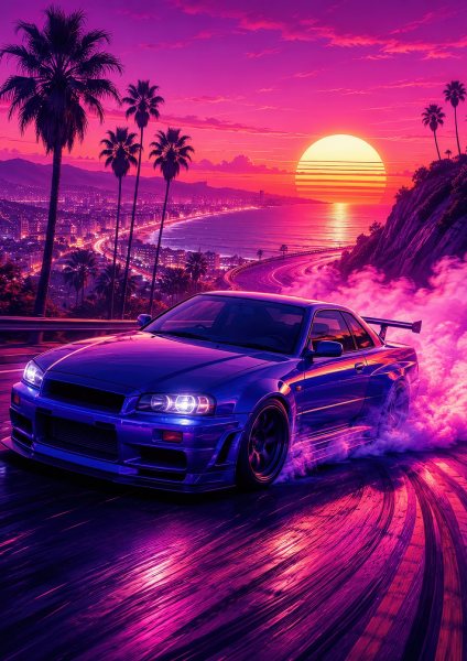 Drifting Car at Sunset Araba Posteri – Duvar Tablosu