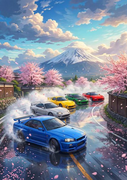 Drifting Cars Mount Fuji Anime Japanese Araba Posteri – Duvar Tablosu poster görseli