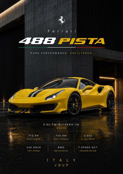 Ferrari 488 Pista Yellow Sports Car Araba Posteri – Duvar Tablosu duvarda gerçek ölçek