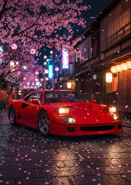 Ferrari F40 Night Cherry Blossom Araba Posteri – Duvar Tablosu duvarda gerçek ölçek