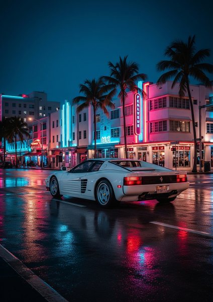 Ferrari Testarossa in Miami Vice at Night Araba Posteri – Duvar Tablosu duvarda gerçek ölçek