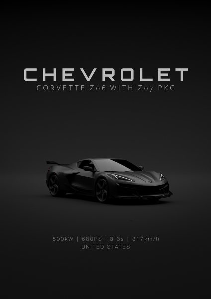 Front Corvette C8 Z06 Z07 2023 - Black Specs Araba Posteri – Duvar Tablosu duvarda gerçek ölçek