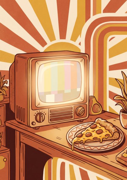 Gece Yarısı Korku Sineması ve Pizza Posteri – Retro Duvar Tablosu duvarda gerçek ölçek