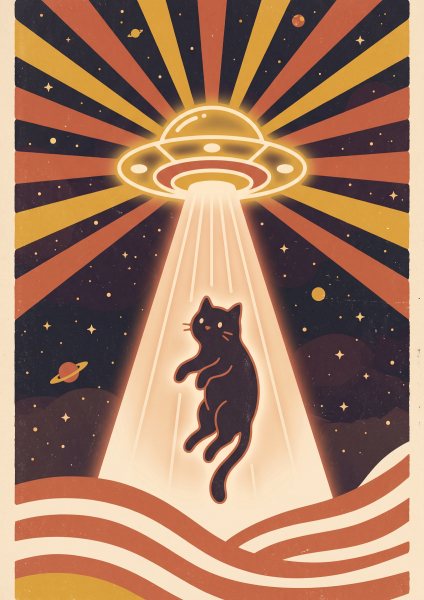 Gizemli Yaratık ve Siyah Kedi Posteri – Retro Duvar Tablosu