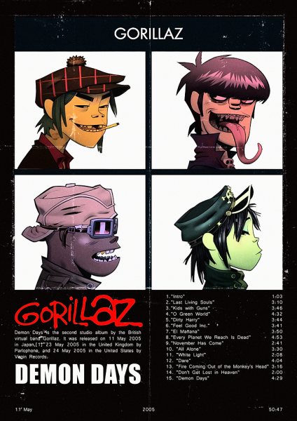 Gorillaz Demon Days Album Art Müzik Posteri – Duvar Tablosu duvarda gerçek ölçek
