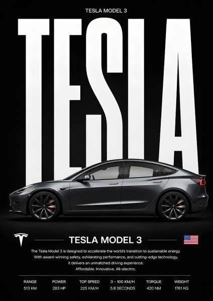 Grey Tesla Model 3 Araba Posteri – Duvar Tablosu duvarda gerçek ölçek