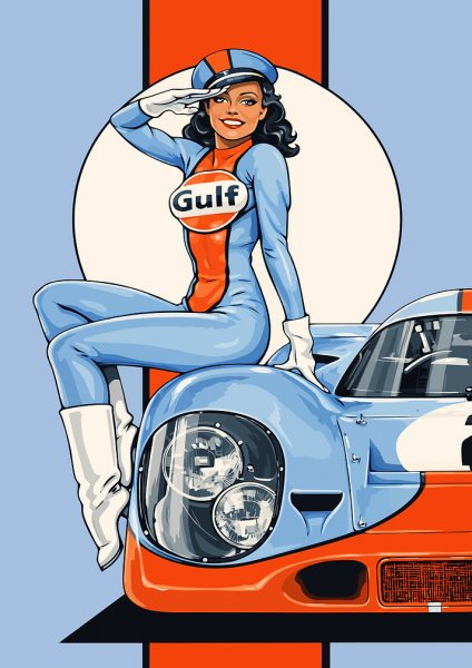 Gulf Racing Pin-Up Girl and Car Araba Posteri – Duvar Tablosu duvarda gerçek ölçek