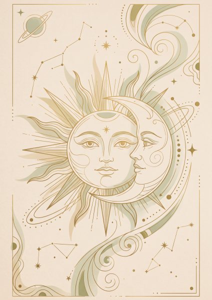 Güneş ve Ay Posteri – Çizgi sanat Duvar Tablosu duvarda gerçek ölçek