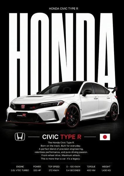 Honda Civic Type R Araba Posteri – Duvar Tablosu duvarda gerçek ölçek
