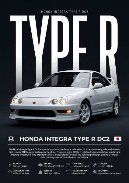 Honda Integra Type R DC2 Araba Posteri – Duvar Tablosu duvarda gerçek ölçek