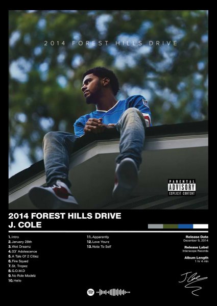 J. Cole - 2014 Forest Hills Drive Müzik Posteri – Duvar Tablosu duvarda gerçek ölçek