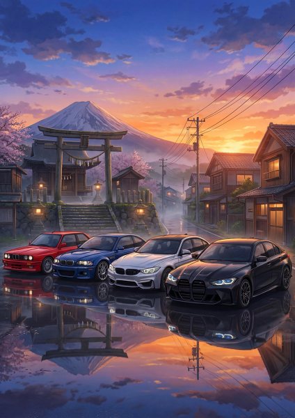 Japanese BMW Car Sunset Fuji Araba Posteri – Duvar Tablosu duvarda gerçek ölçek