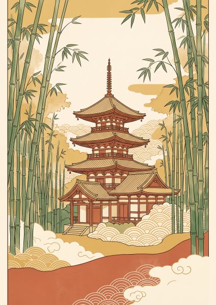 Japon Tapınağı ve Bambu Ormanı Posteri – Japon baskı Duvar Tablosu duvarda gerçek ölçek