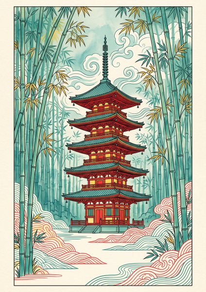 Japon Tapınağı ve Bambu Ormanı Posteri – Japon baskı Duvar Tablosu