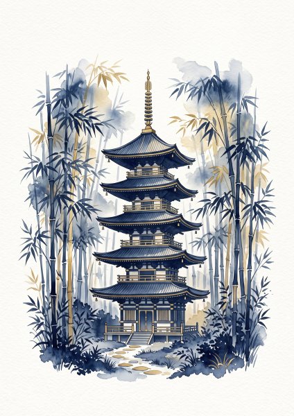Japon Tapınağı ve Bambu Ormanı Posteri – Suluboya Duvar Tablosu