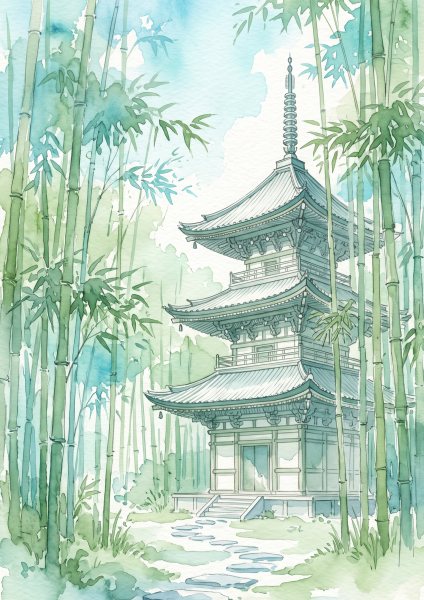 Japon Tapınağı ve Bambu Ormanı Posteri – Suluboya Duvar Tablosu