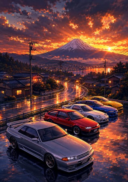 JDM Cars at Mount Fuji Sunset Araba Posteri – Duvar Tablosu duvarda gerçek ölçek