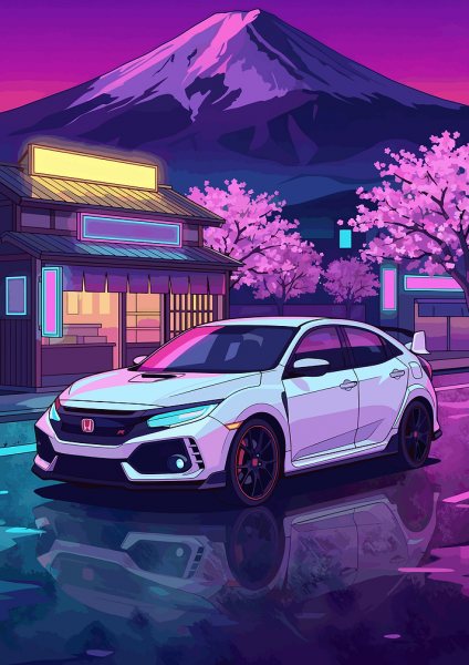 JDM Hatchback Neon Sakura Night Mount Fuji Synthwave Araba Posteri – Duvar Tablosu poster görseli