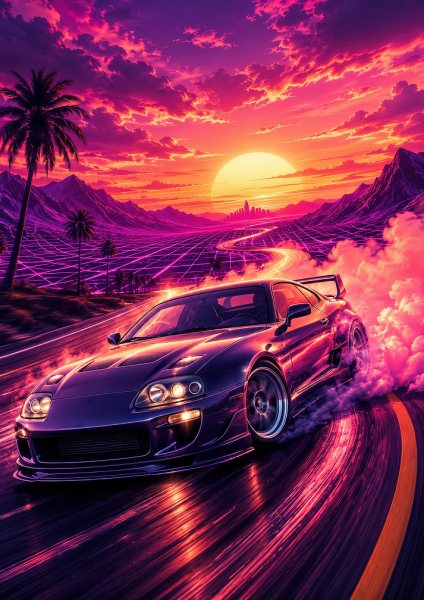 JDM Retro Car Drifting at Sunset Araba Posteri – Duvar Tablosu