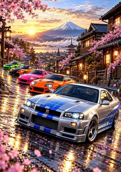 JDM Sports Cars at Mount Fuji Araba Posteri – Duvar Tablosu duvarda gerçek ölçek