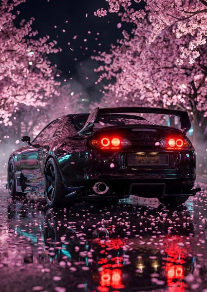 JDM Supra Mk4 Night Cherry Blossoms Araba Posteri – Duvar Tablosu duvarda gerçek ölçek