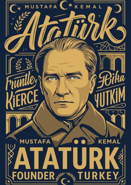 Kalpaklı Atatürk Portresi Posteri – Tipografi Duvar Tablosu duvarda gerçek ölçek