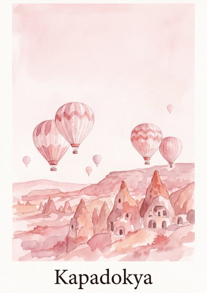 Kapadokya Balonları Poster – Suluboya (A4 / A3, Çerçeveli – Çerçevesiz)